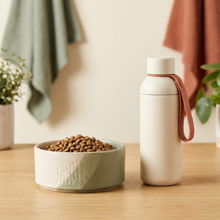 NestPet feeding and hydration: ceramic bowl and travel water bottle
