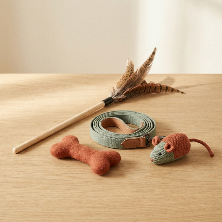 NestPet play and walk: feather wand, leash, and toys
