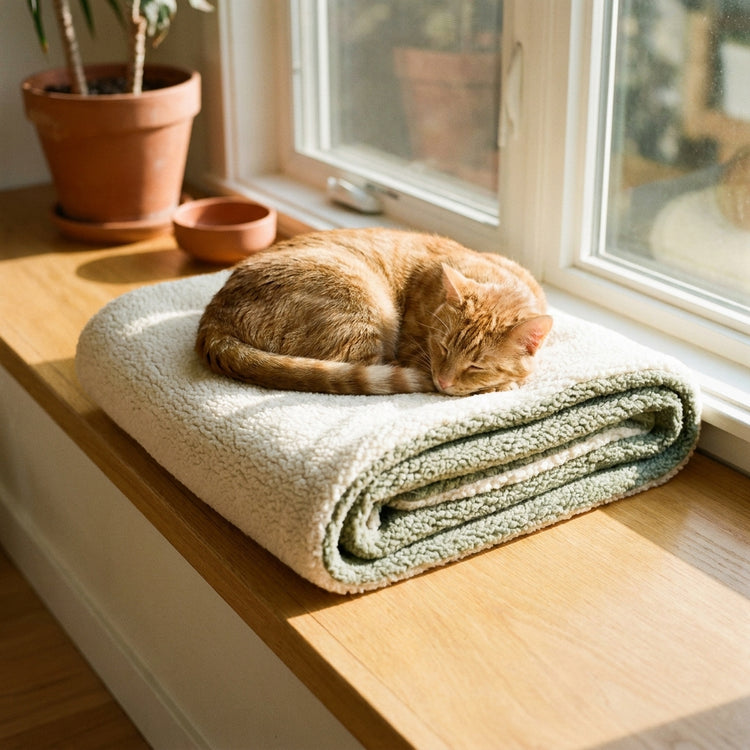 NestPet comfort and home: folded sherpa blanket on a sunlit window bench