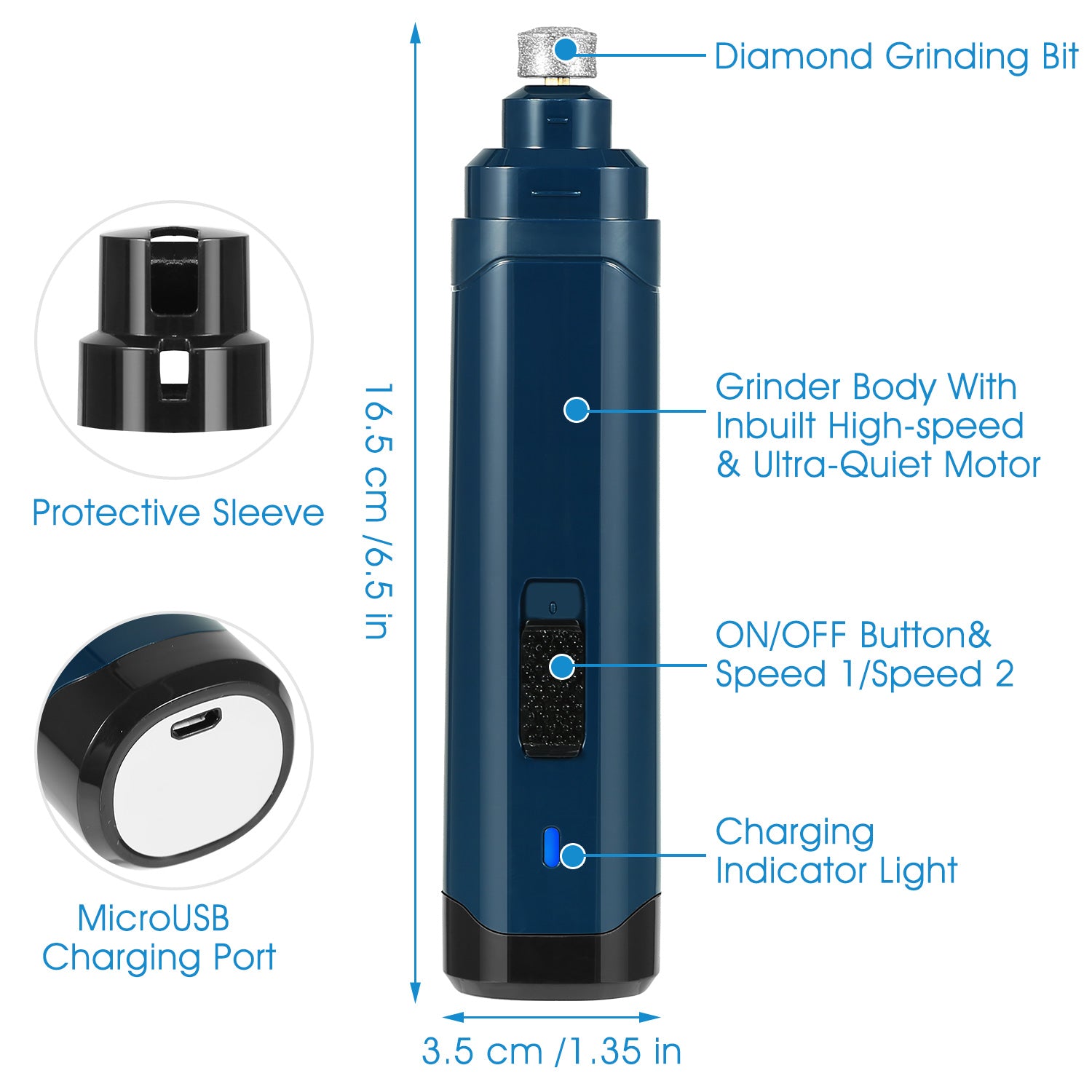 Quiet Pet Nail Grinder — USB Rechargeable, Two Speeds