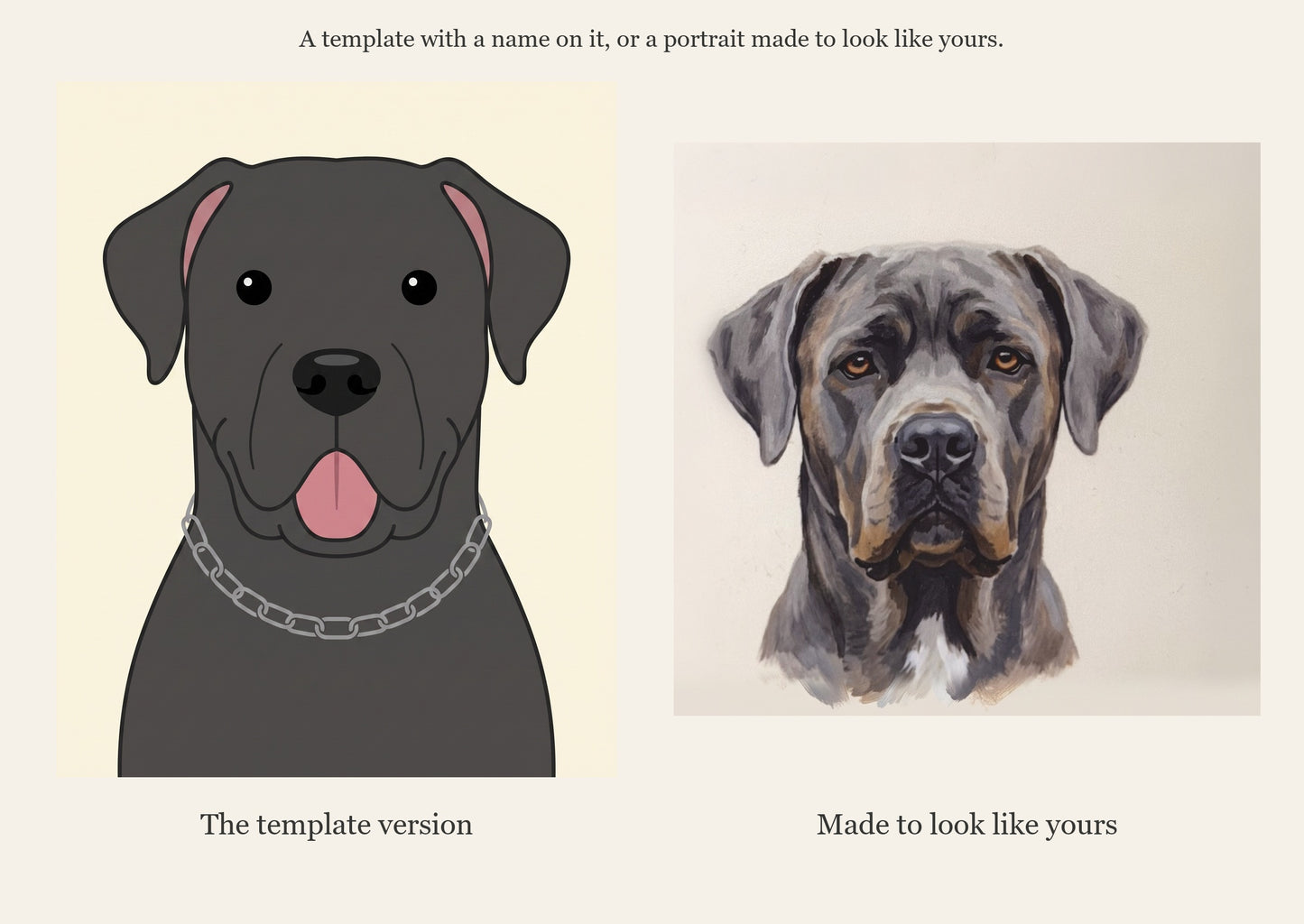 A template with a name on it, or a portrait made to look like yours: generic template versus NestPet true-to-coat portrait