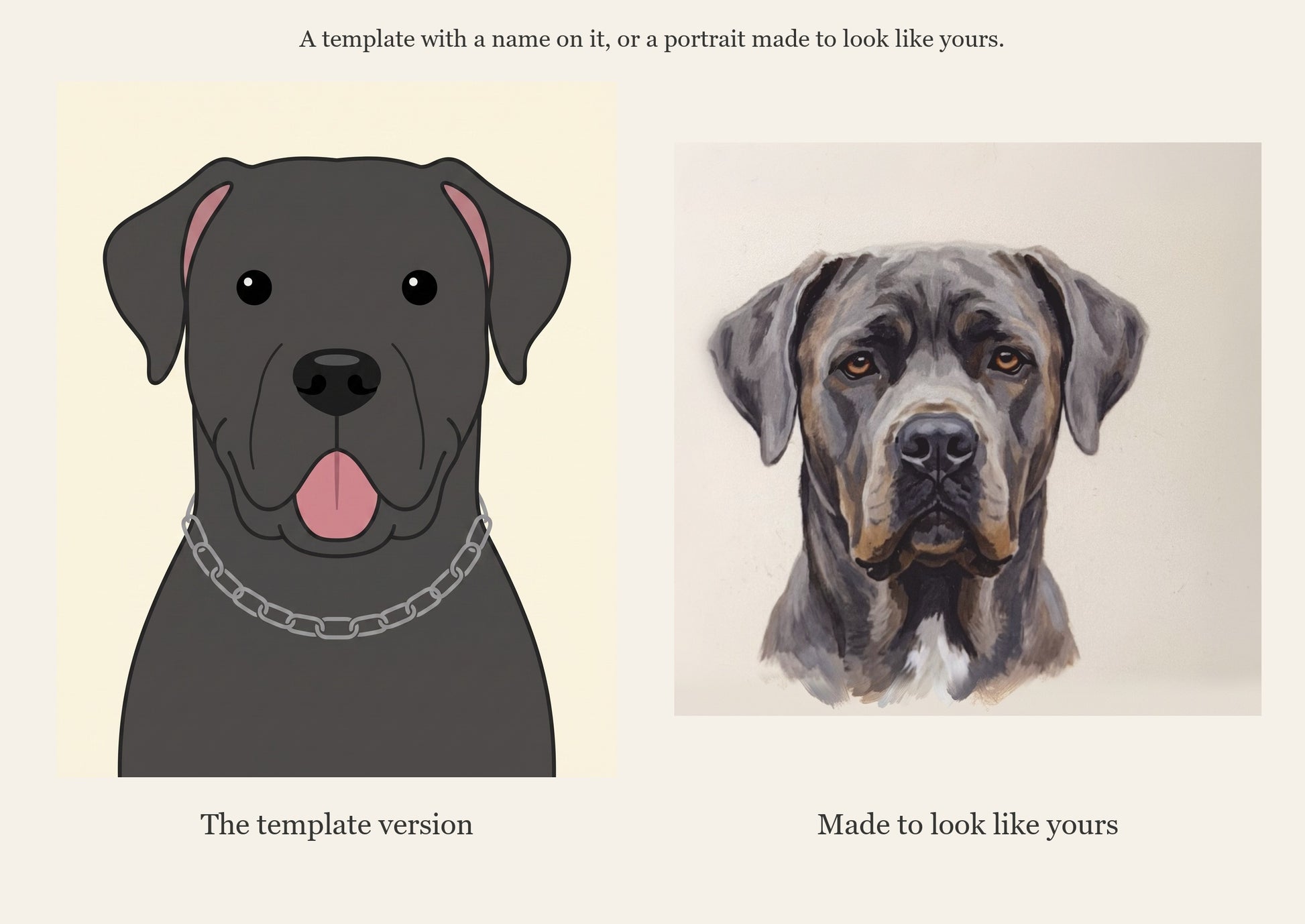 A template with a name on it, or a portrait made to look like yours: generic template versus NestPet true-to-coat portrait