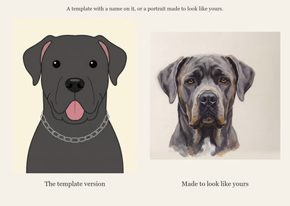 A template with a name on it, or a portrait made to look like yours: generic template versus NestPet true-to-coat portrait