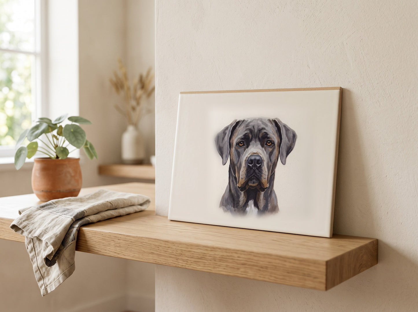 Ceramic pet memorial portrait styled on a shelf in a quiet, design-led interior