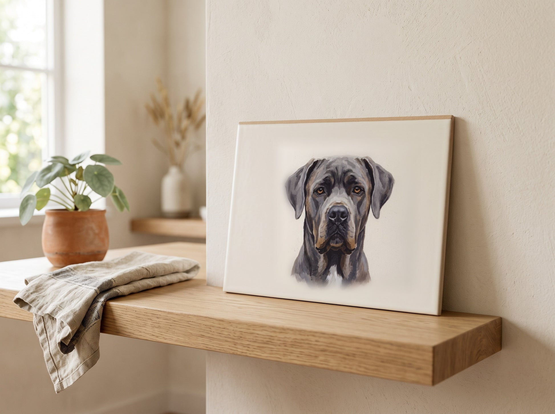 Ceramic pet memorial portrait styled on a shelf in a quiet, design-led interior